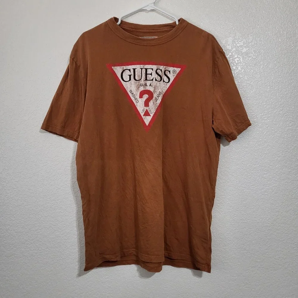 Men's Vintage GUESS Distressed Graphic Print Brown Short Sleeves‎ T-shirt SMALL - Picture 5 of 5